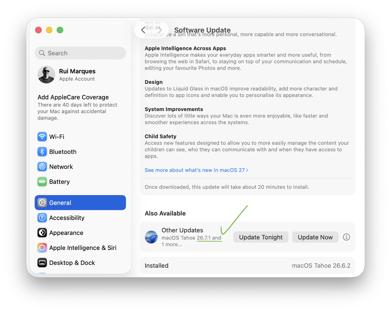 macOS Software Update showing macOS Tahoe 26.7.1 under Other Updates, with a hand-drawn checkmark