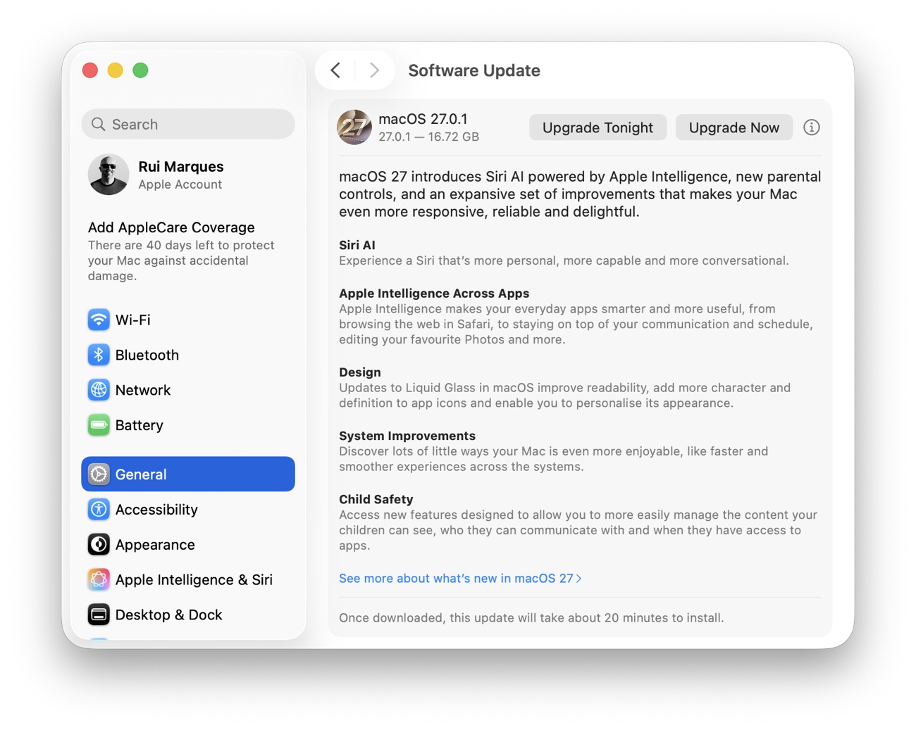 macOS Software Update offering macOS 27.0.1 with Upgrade Tonight and Upgrade Now buttons